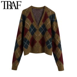 TRAF Women Fashion With Ribbed Trims Argyle Cardigan Sweater Vintage Long Sleeve Button-up Female Outerwear Chic Tops 210415