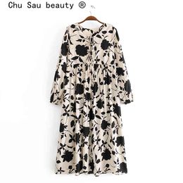 Chu Sau beauty Fashion Boho Vintage Black Floral Print Midi Dress Women Holiday O-neck Long Sleeve Loose Ladies Dresses 210508