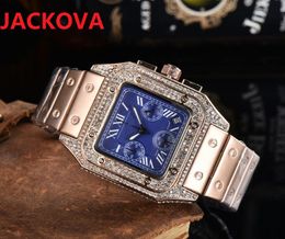 Multi-function Mens Square Diamonds Ring Watches 42mm High Quality Japan Quartz Movement chronograph stopwatch Stainless steel bracelet waterproof Wristwatch