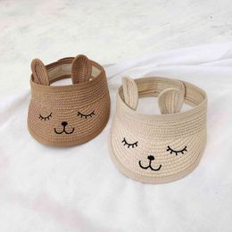 Korean style Summer cute cartoon embroidery Foldable sun hat baby boys girls straw hats 210508