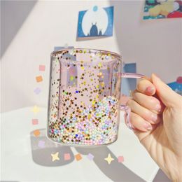 Korean Double Layer Girl Heart Kawaii Bubble Star Star Sequin Double Wall Glass Handle Heat Resistant Milk Cup