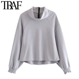 TRAF Women Fashion Back Zipper Loose Asymmetric Sweatshirts Vintage High Collar Long Sleeve Pullovers Chic Tops 210415