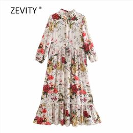 women tropical flower print casual straight vestido midi dress female chic three quarter sleeve hem pleats ruffle dresses DS4010 210420