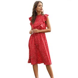 Ladies Polka Dot Print Dress Women Casual Butterfly Sleeve Ruffles Medium Long Summer Women Dress Female Beach Sundress Vestidos 210416