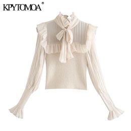 Women Fashion Organza Patchwork Ruffled Knitted Sweater High Neck With Bow Tied Female Shirts Chic Tops 210420