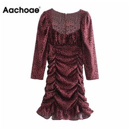 Aachoae Sexy Bodycon Dress Puff Long Sleeve Sheath Party Mini Dress Woman Square Neck Leopard Dress Femme Robe Autumn Spring 210413