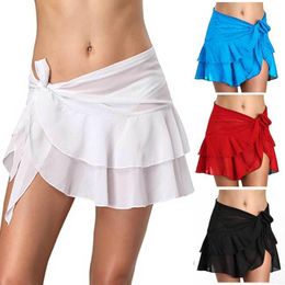 Women's Swimwear Sexy Women Wrap Ruffle Bandage Sarong For Swim Bathing Suit Swimsuit Beach Skirt Solid Colour Chiffon Cover Up Bikini