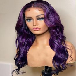 Synthetic Wigs Body Wave Long Darker Purple Lace Front Wig With Baby Hair Natural Hairline Heat Resistant For Black Women