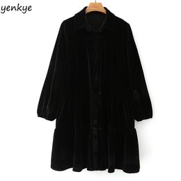 Fall Women Vintage Black Velvet Dress Long Sleeve Lapel Collar Autumn Casual Plus Size Mini Vestido 210514