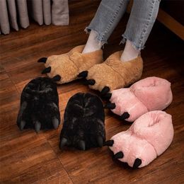 Winter Cartoon Bear Claw Shoes Pink Warm Non-Slip Home Suede Round Cotton Slippers Fun Animals Christmas Decoration Unisex 211229