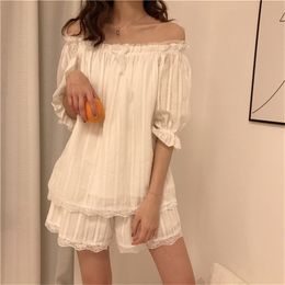 White Princess Lace Casual Loose Sweet Short Sleeves Nightwear Gentle Cute Two Pieace Suit Homewear Pajamas Set 210525