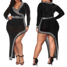 Luxurious Rhinestones Women Party Dress Plus Size Sexy Irregular V Neck Long Sleeves Stunning Lady Dresses Real Pictures 211116