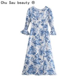 Chic Women's French Vintage Elastic Sleeve Dress O-Neck Blue And White Porcelain Printed Slim Long Dresses Split Ends 210508