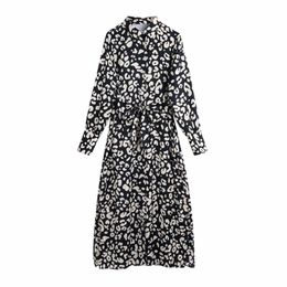Vintage Woman Black Leopard Satin Sashes Long Dress Spring Fashion Ladies Shirt es Female ELegant Patry 210515