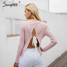 Backless bow knitted women O neck casual pullover female autumn knitting jumper winter sweater pull femme 210414
