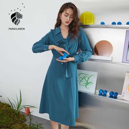 FANSILANEN Elegant bandage long chiffon shirt dress Women sleeve office lady black Spring bow vintage blue 210607