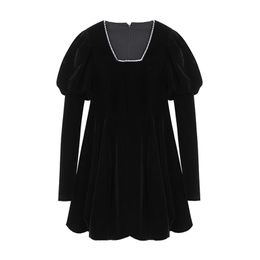 Black Velvet Mesh Solid Long Sleeve Slash Neck A Line Mini Dress Elegant Puff D3070 210514