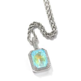 Hip Hop Iced Out Zircon Fluorescent Square Solid Back Gem Pendant Necklaces Mens Diamond Necklace