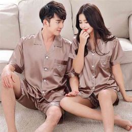 Luxury Pyjama suit Couple Pyjama Sets Silk Satin Pijamas Sweet Sleepwear Home Suit Pyjama For Lover Man Woman Lovers' Clothes 210901