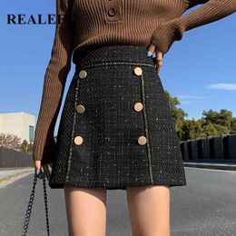 Autumn Winter Vintage Woolen Skater Skirts Buttons High Waist Elegant Wrap Mini Female A-Line 210428