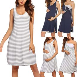 2021 Maternity Dresses Women Nightgown Pregnant Sleeveless Striped Breastfeeding Dress Nursing Clothes Casual Pregnancy Clothing Q0713