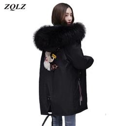 ZQLZ Winter Jacket Women Embroidery Casual Hooded Warm Cotton Padde Coat Female Loose Black Long Parka Mujer 211013