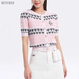 Spring Summer Cardigan Thin Sweater Pink Cartoon Embroidery Knitwear Heart Print Jacquard Knitted Short Cardigan Tops 211014