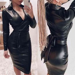 Women Dress Long Sleeve Autumn Spring Sexy Bodycon Mini Slim V-Neck Ladies Casual Black PU Leather Pencil Clothing 210522