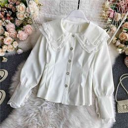 Spring Autumn Blouse Lace Peter Pan Collar Shirt Lantern Sleeve Niche Single Breasted Sweet Tops Female Blusa UK098 210507
