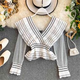 Chic Elegant Ruffles Lace Patchwork Blouse V Neck Long Sleeve Black White Colour Match Blusas Autumn Spring Shirt 48467 210422