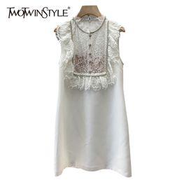 Patchwork Lace White Summer Dress Female Stand Collar Sleeveless Mini Dresses Fashion Clothing 210520