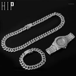 Chains Gold Necklace +Watch+Bracelet Hip Hop Miami Curb Cuban Chain Iced Out Paved Rhinestones CZ Bling For Men Jewellery