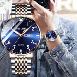 BELUSHI Fashion New Mens Watches Top Luxury Brand Waterproof Quartz Watch Men Casual Stainless Steel Business Date Wrist Watch 210407