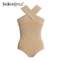 Sexy Cross Bodysuit For Women Sleeveless High Waist Slim Knitted Jumpsuits Female Fashion Clothing Style 210521