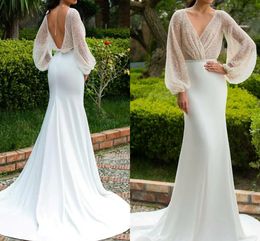 2022 Bridal Gown Trumpet Wedding Dresses V Neck Court Train Satin Long Simple Backless Illusion Sleeve Top Sequin Vestido De Noiva Robe De Mariage