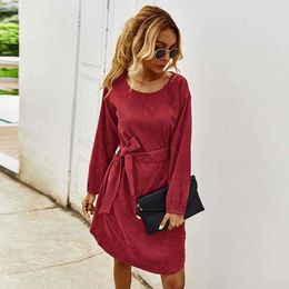 Elegant Corduroy Women Drees Solid Casual O-Neck Latern Sleeve Office Lady Dress With Belt W634 210526