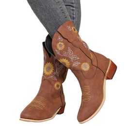Vintage Sunflowers Embroidery Mid Calf Designer Boots Pointed Toe Antiskid Shoes Women Chunky Heels Three Colours Short PU Female Booties