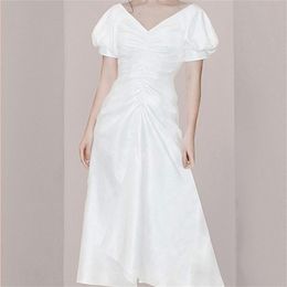 Chic French Style V-Neck Puff Sleeve Office Lady Dress Women A-Line Female Elegant Slim Waist Summer 210603