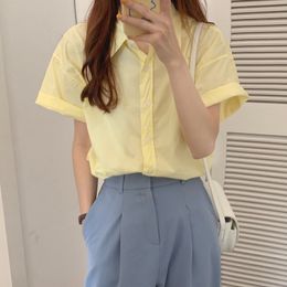 Summer Students High Street Lady Loose Short Sleeve Tops Leisure Basic Casual Solid All Match Chic OL Shirts 210421