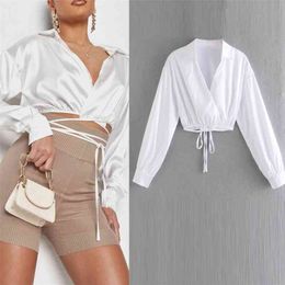 Women Summer Fashion Solid Blouses Tops Shirts V-Neck Bandage Bow Tie Female Elegant Street Short Top Blusas Clothes 210513
