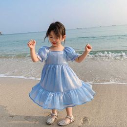 Kids Birthday Wedding Dresses For Girl Summer New Korean Clothes 3-7 Years Cute Pink Blue Princess Beach Dresses Girls vestidos Q0716