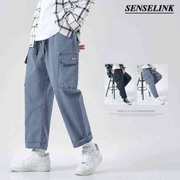 Men Plus Size Casual Cargo Pants Japanese Style Loose Blue Multi-Pocket Straight Harem Pants M-8Xl Elastic Waist Cargo Pants Men G220224
