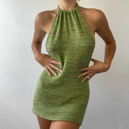 2021 Green Backless Mini Dress Beach Women Halter Neck Sleeveless Summer Black Off Shoulder Party Knit Bodycon Dresses Sexy Y0603
