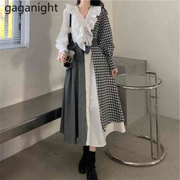 Woman Plus Size Plaid Elegant Dress Long Sleeve V Neck Mid-Claf Vestido Female Ruffles Irregular Party Robe 210601