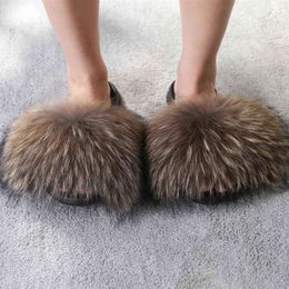Fur Slippers Women Real Fox Fur Slides Home Furry Flat Sandals Female Cute Fluffy House Shoes Woman Brand Luxury 2021 H1122