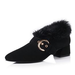 2023 Casual Shoes buckle winter cotton shoes woman chunky heels pointed toe loafers mink hair plush flats ladies comfy warm moccasins