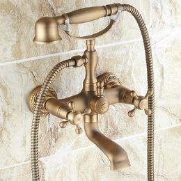 Wall Mounted Clawfoot Bath Tub Filler Faucet Tap With Handshower Antique Brass Finished Dual Cross Handles Atf121 Bathroom Shower 244k