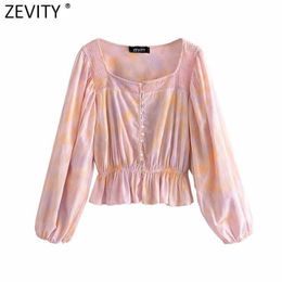 Zevity Women Vintage Square Collar Tie Dyed Print Short Blouse Female Lantern Sleeve Ruffles Shirts Chic Lace Blusas Tops LS9337 210603