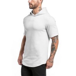 Muscleguys Gyms Hooded Short Sleeve T-shirt Men Bodybuilding Hoodies Men Fitness Clothing Muscle Shirts Pullover Sweatshirt 210421