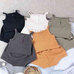 Newborn Infant Baby Boy Girl Summer New Solid Sleeveless Camisole + Toddler Kids Fashion Bread Pants 2pcs Clothes Set 210413